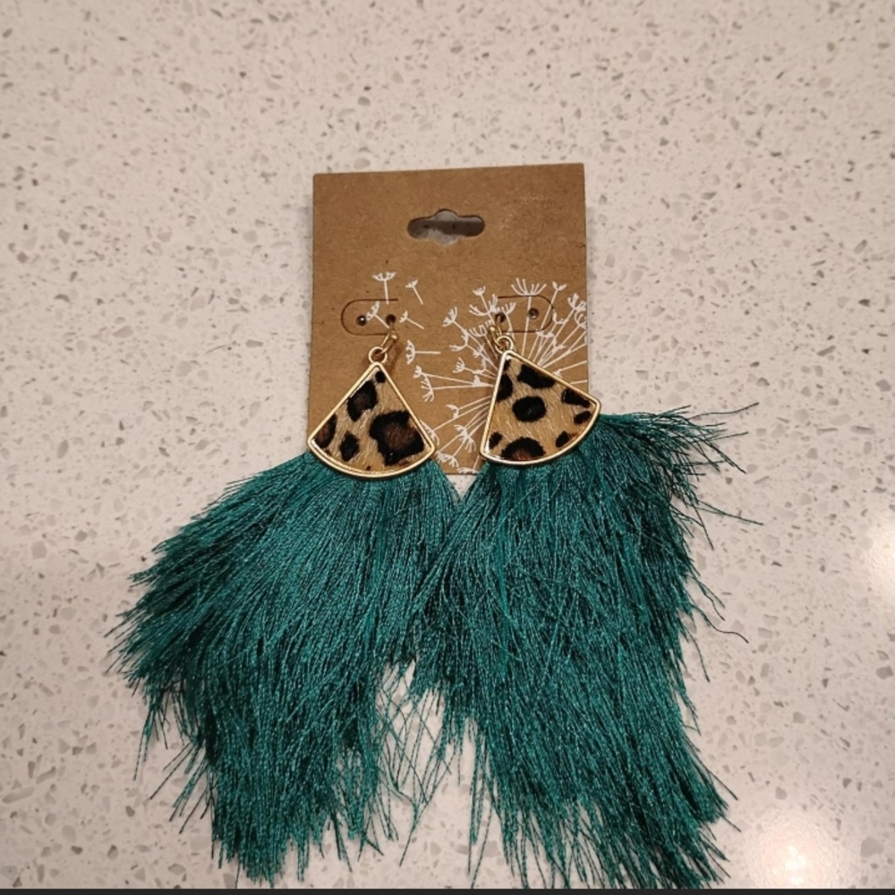 Leopard Print and Teal Fringe Earrings